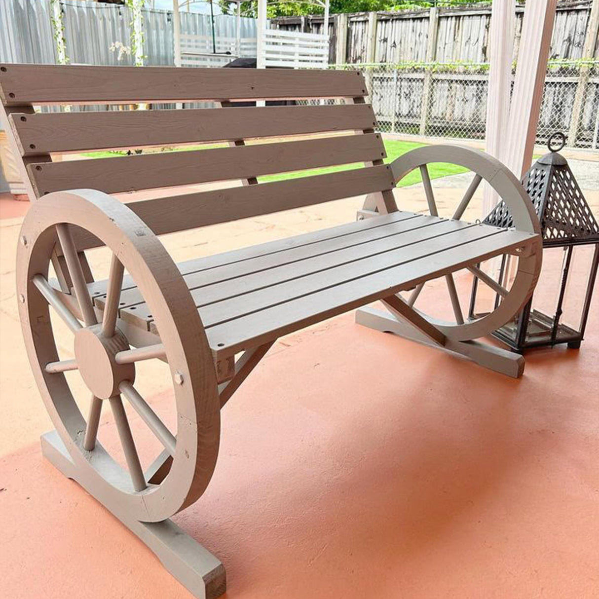 Rustic Charcoal Grey Wooden Wagon Wheel Bench for Outdoor Comfort Outsunny