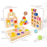 Woodtoe Montessori Weaning Table and Chair Set for Toddler, Natural Solid Wooden Kids Table Cube Chair for Boy Girl, with Wooden Building Blocks Set for Kids, 36 PCS Rainbow Acrylic Gem Cubes Blocks Woodtoe