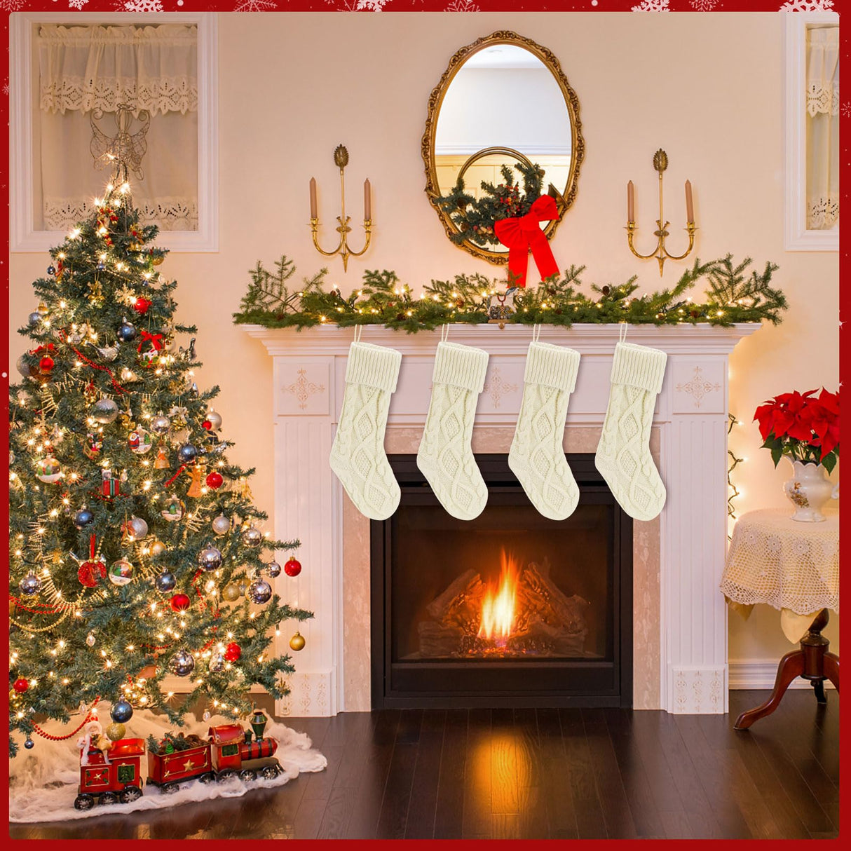 chamvis Christmas Stockings Cable Knitted Xmas Stockings, 4 Pack 18 Inches Fireplace Hanging White Christmas Stockings for Family Xmas Holiday, Christmas Tree, Fireplace Decorations chamvis
