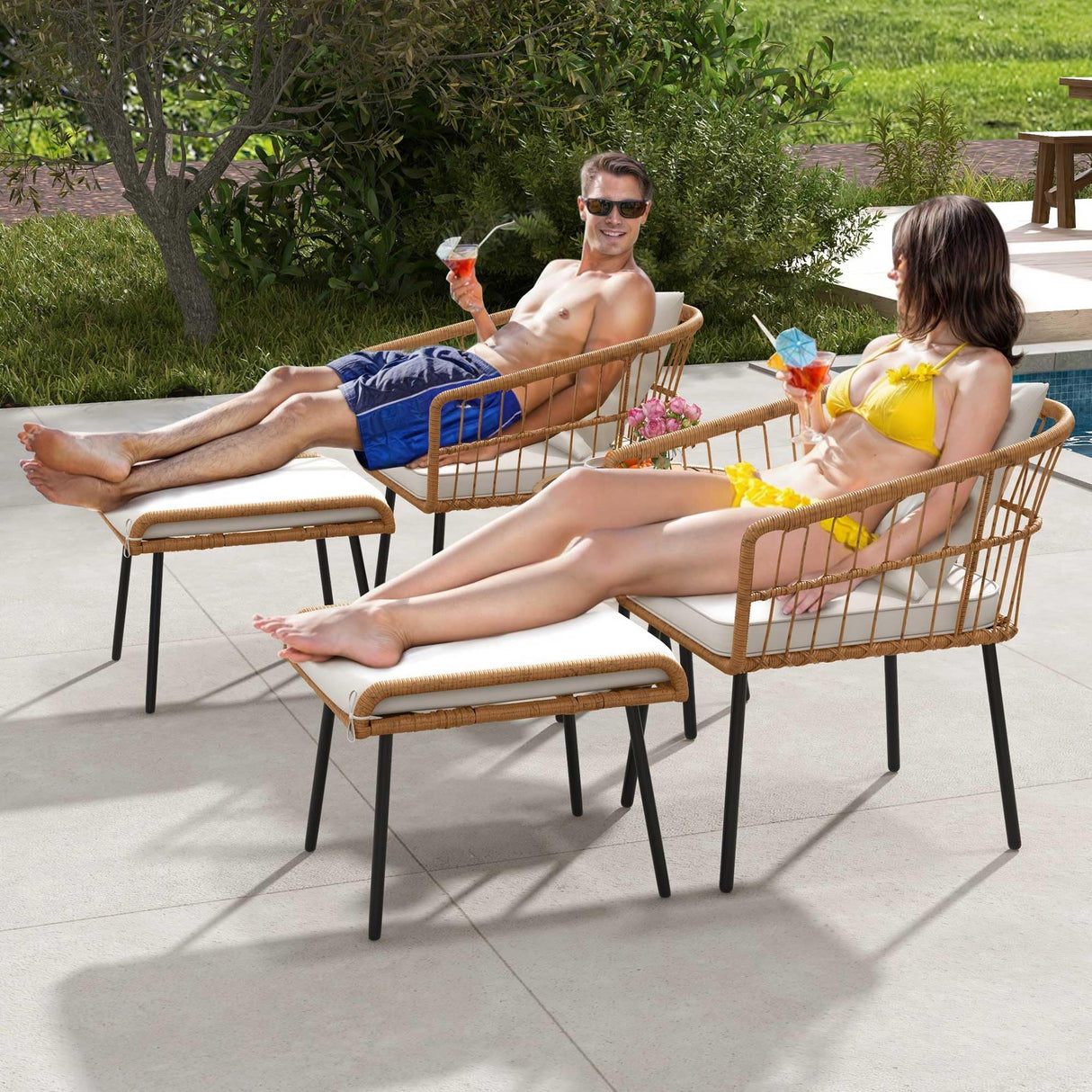 DWVO Patio Furniture Set, 5 Pieces Wicker Outdoor Patio Bistro Set with Ottomans Footrest and Side Table for Porch Balcony Yard Garden Backyard Poolside, Beige DWVO