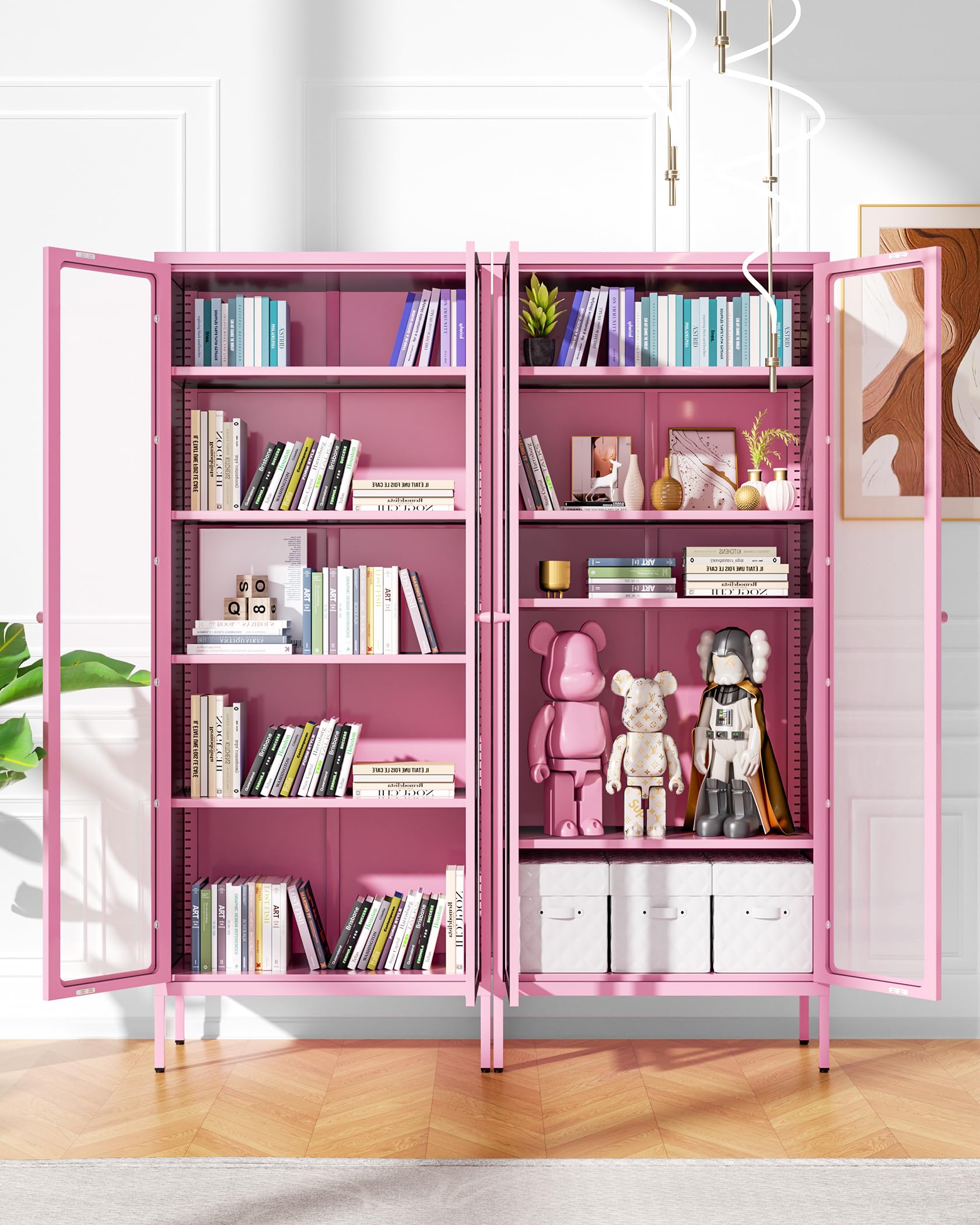 Bonusall Display Cabinet with Glass Doors,67” Metal Display Curio Cabinet with Glass Doors and 4 Adjustable Shelves for Collectibles,Home Office,Living Room,Gaming Room(Pink) - WoodArtSupply