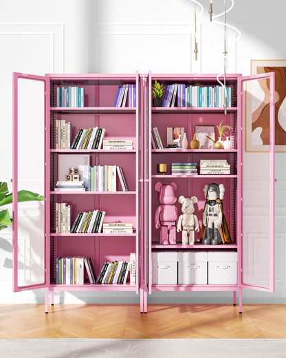 Bonusall Display Cabinet with Glass Doors,67” Metal Display Curio Cabinet with Glass Doors and 4 Adjustable Shelves for Collectibles,Home Office,Living Room,Gaming Room(Pink) - WoodArtSupply