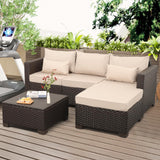 Patio Furniture Set - 3 Piece Outdoor Sectional Sofa Set with Wicker Couch, Ottoman, Coffee Table & Storage - All-Weather, Anti-Slip Cushions & Waterproof Covers, Khaki Rattan Star