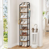 Hzuaneri 8 Tiers Vertical Shoe Rack, Narrow Shoe Tower, Tall Shoes Shelf with 2 Hooks, Adjustable Shelves, Corner Shoes Shelves for Small Spaces, Entryway, Living Room, Rustic Brown SR04301B Hzuaneri