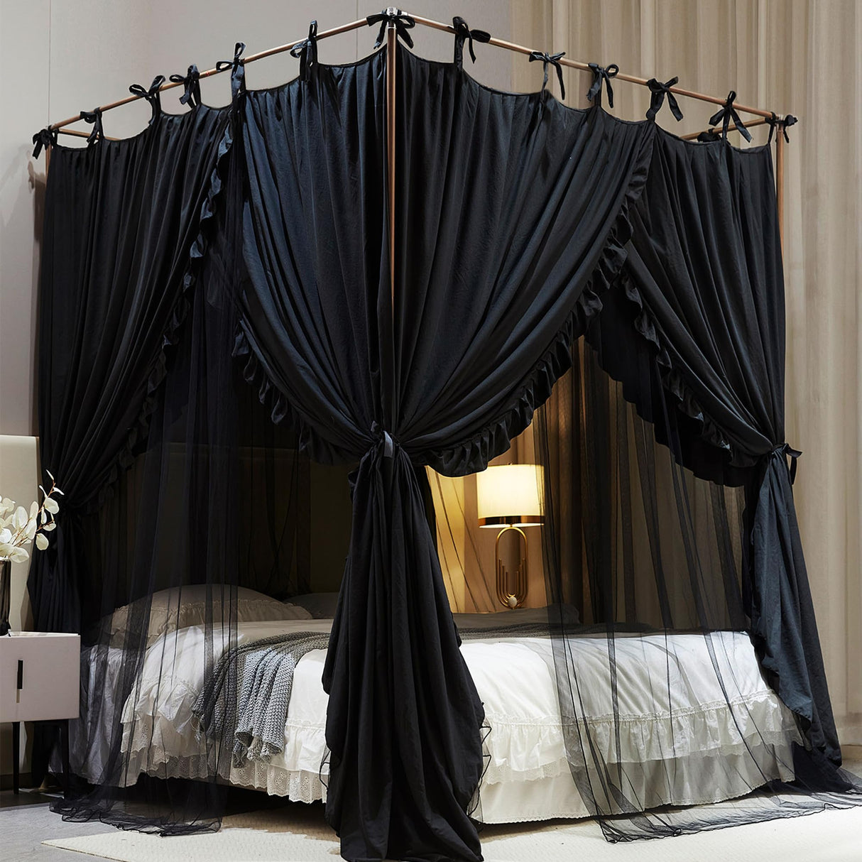 AIOOO 4 Corners Post Princess Curtain Bed Canopy Double Layer Cozy Mosquito Net Mesh and Cloth for Girls Adults Bedroom Decoration (Double-Black/Black, 53" W*78" L*82"*H/(Full)) AIOOO