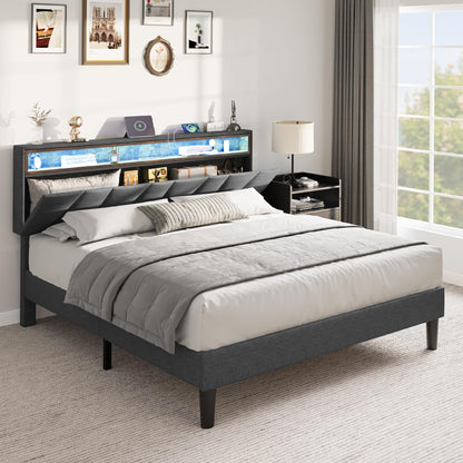 YITAHOME Grey Queen Size Bed Frame with LED Headboard Storage and Charging Station