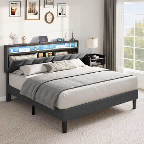 YITAHOME Grey Queen Size Bed Frame with LED Headboard Storage and Charging Station YITAHOME