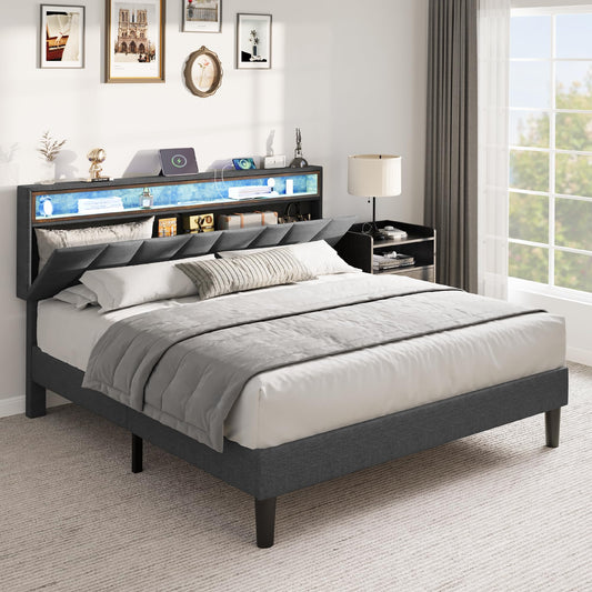 YITAHOME Grey Queen Size Bed Frame with LED Headboard Storage and Charging Station - WoodArtSupply