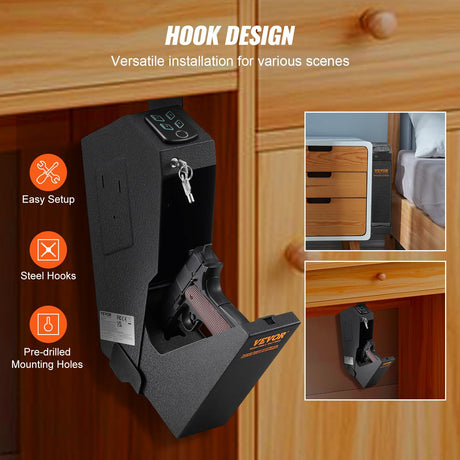 VEVOR Mounted Gun Safe for Pistols, Biometric Gun Safe with Three Quick Access Ways of Fingerprints, Passwords and Keys, Handgun Safe for 1 Pistol for Home, Bedside, Nightstand, Wall VEVOR