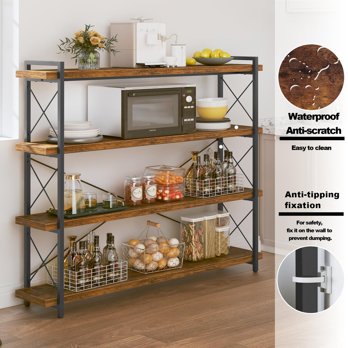 HCHQHS Large Bookshelf, 4-Tier Long Industrial Bookcase, Rustic Brown Book Shelf, Freestanding Horizontal Bookshelves with Metal Frame HCHQHS