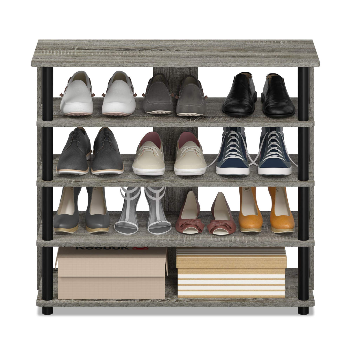 Furinno Turn-N-Tube 5 Tier Wide Shoe Rack, French Oak Grey/Black , 32 Inch Furinno