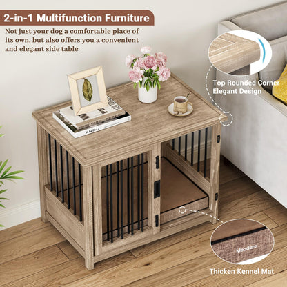 Meadaro 37.4" Dog Crate Furniture Solid Wood with Dog Cushion for Large Dogs, Heavy Duty Dog Kennel Indoor with Sliding Door Chew-Resistant Steel Tube Decorative Dog House Dog Cage Side End T - WoodArtSupply