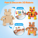 Mocoosy 4 Wooden Robot Toys for Kids Ages 3-5, Building & Painting Your Own Robot Craft Kit with Paints and Stickers, Wood Robot Painting Art Supplies Educational Gift for 6 8 10 12 Years Old Mocoosy