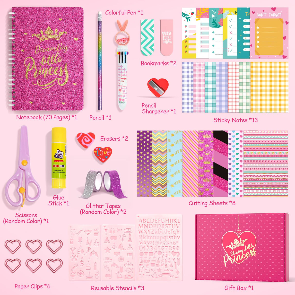 ADUSRIZ Princess DIY Journal Kit for Girls Gift for 8-12, 50 Pcs Scrapbook & Diary Supplies Set, Journaling Art Crafts Kit with Storage Case, Birthday Gifts for Teen Girls Craft Sets ADUSRIZ