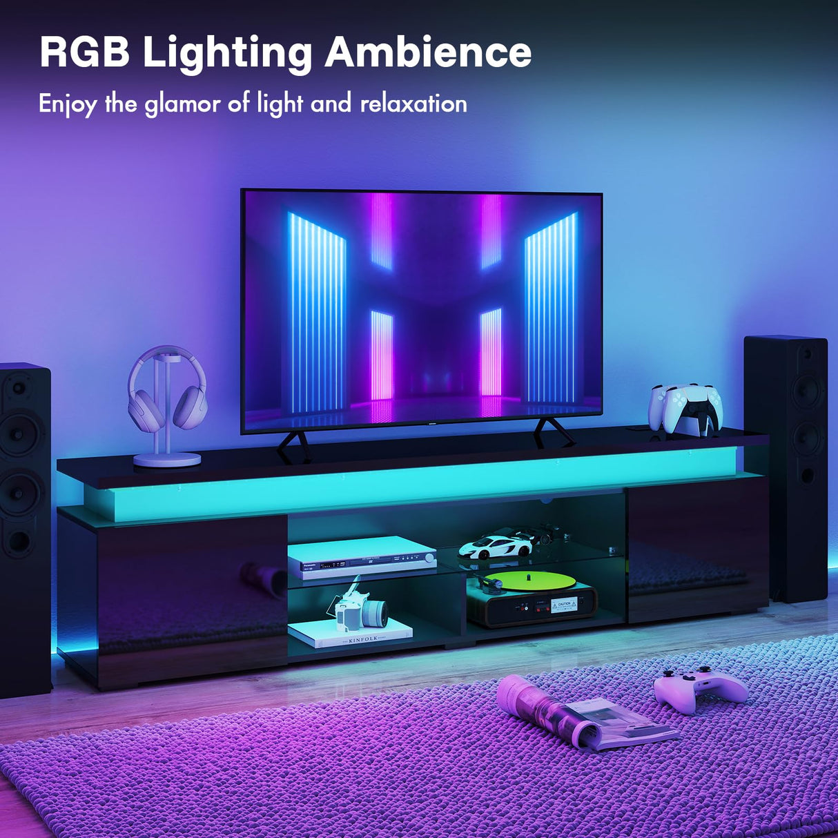 Redkey Modern TV-Stand with Light - Television Stands for 70 75 80 Inch TVs - Entertainment Center with Storage Cabinet for Bedroom Living Room - Open Glass Shelves - 2AC Outlet - Black Redkey