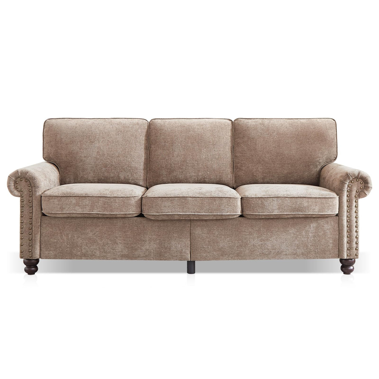 Sivoey 81.5" Nailhead Sofa, Rolled Arms Sofa with Wooden Legs, Pocket Springs Seat Cushion, Easy Assembly, Comfy 3-Seater Classic Couch for Living Room, Farmhouse, Apartment, Brown Sivoey