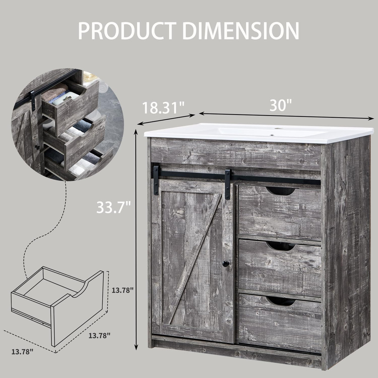 Aitjunz 30" Farmhouse Bathroom Vanity with Sink, Freestanding Bathroom Storage Vanity Cabinet w/Sliding Barn Door & 3 Drawers, Adjustable Shelves, Light Grey Aitjunz