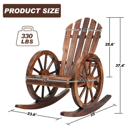 AHB Outdoor Wood Rocking Chair, Wagon Wheel Decor Armrest Yard Glider Rocking Patio Chair with Slatted Design, Adirondack Rocking Chair for Porch Lawn Garden Balcony Poolside, Brown (1 PCS)