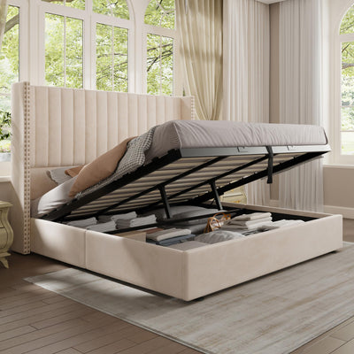Jocisland Lift up Storage Bed Frame King Size, Upholstered Platform Bed Velvet with Channel Tufted Wingback Headboard, No Box Spring Needed, Cream