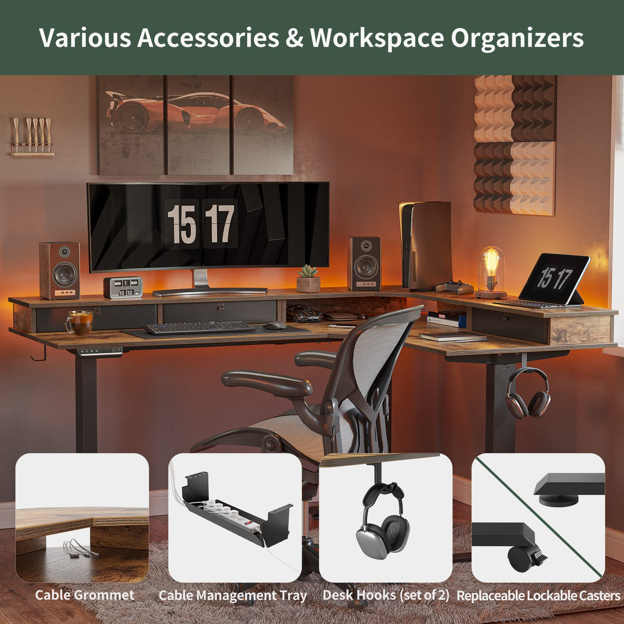 FEZIBO Triple Motor 63" L Shaped Standing Desk with 3 Drawers, Electric Standing Desk Adjustable Height, Corner Stand up Desk with Splice Board - Rustic Brown FEZIBO