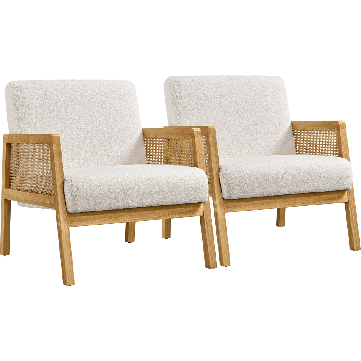 Yaheetech Boucle Fabric Accent Chair, Vintage Rattan Vanity Chair with Wood Armrest and Legs for Living Room Bedroom Makeup Room, Ivory, 2 pcs Yaheetech
