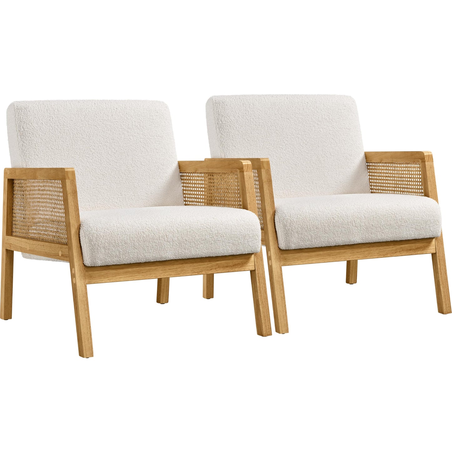 Yaheetech Boucle Fabric Accent Chair, Vintage Rattan Vanity Chair with Wood Armrest and Legs for Living Room Bedroom Makeup Room, Ivory, 2 pcs