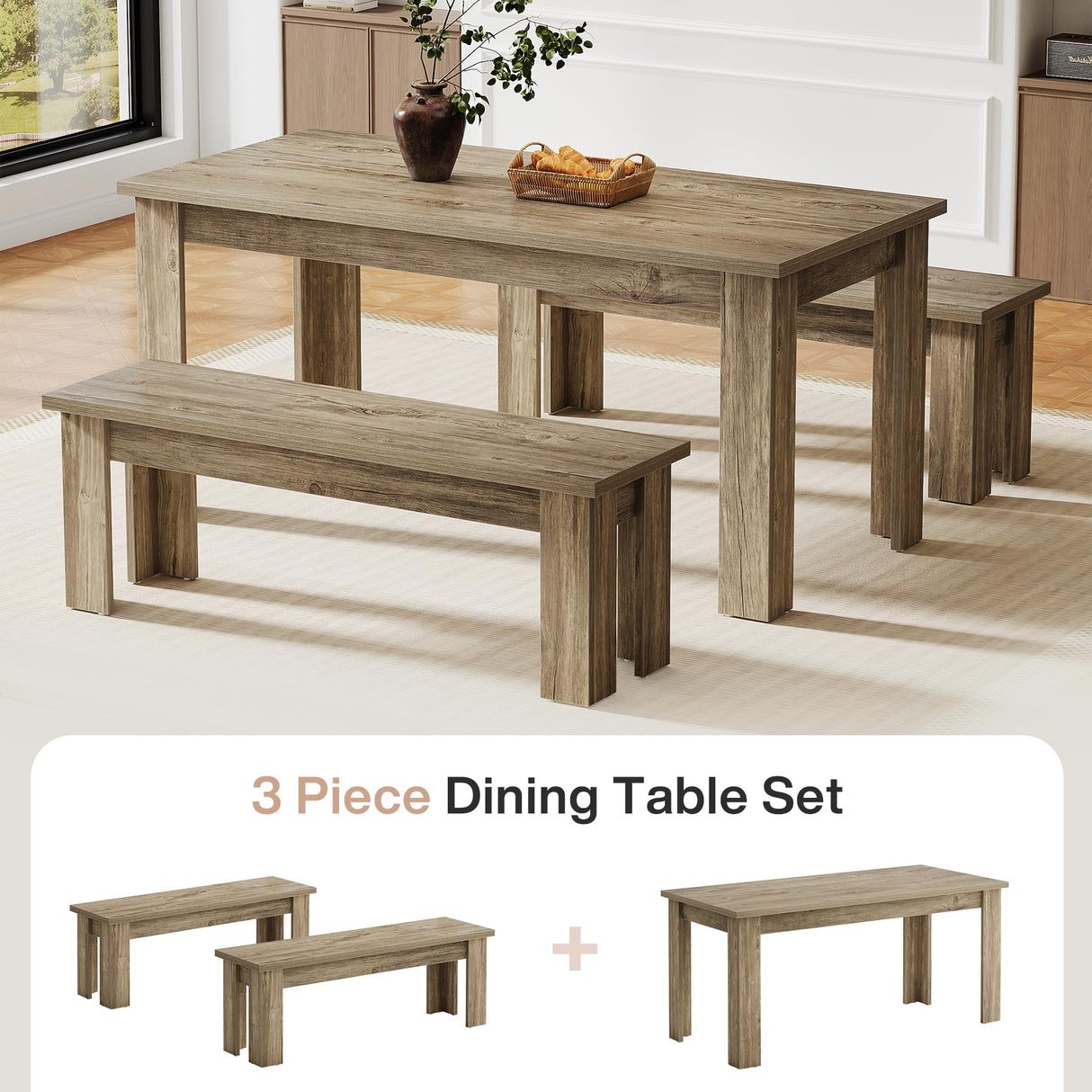Tribesigns Dining Table Set for 6, 55.1-Inch Rectangle Kitchen Table with 2 Benches, 3-Piece Wooden Dining Room Table Set for Kitchen Tribesigns