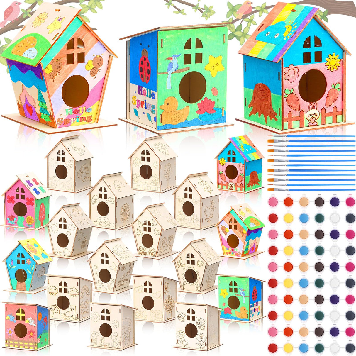 Qunclay 18pcs DIY Birdhouse Kit to Build and Paint Unfinished Wooden Bird House Wood Arts Craft with Colorful Painting Pens DIY Craft Project Kits for Spring Summer Party Favors Qunclay