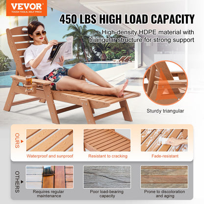 VEVOR Chaise Lounge Chair, 450 lbs Weight Capacity, Adjustable Patio Lounge Chair for Outdoor with 6 Positions Backrest, HDPE Lounge Chair with Cup Holder for Pool Poolside Deck Backyard Lawn, Brown