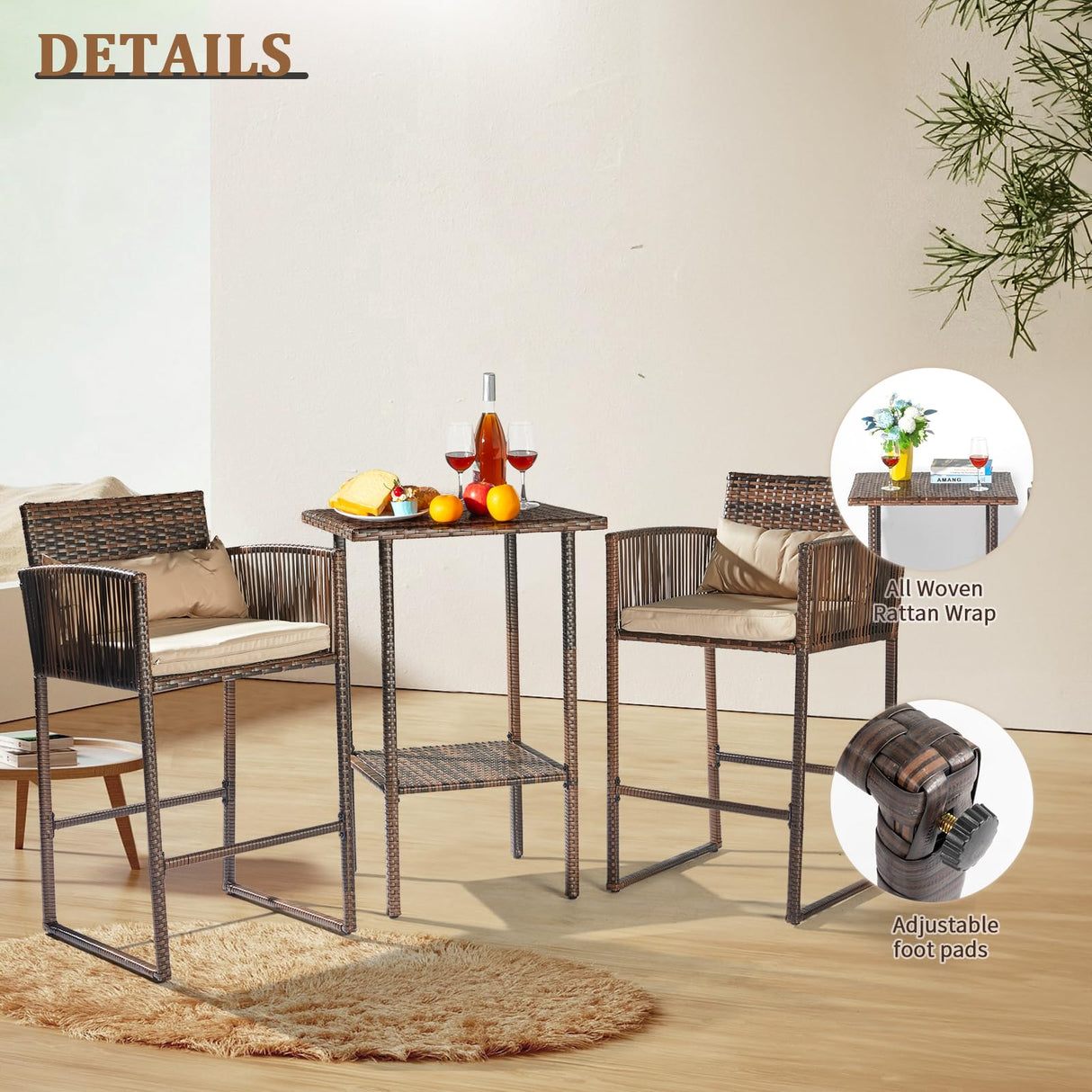 VINGLI 3 PCS Patio Bar Set Wicker, Outdoor Bar Table and Bar Stools with Storage Shelf and Cushions, Bar Height Outdoor Table and Chairs Wicker Furniture VINGLI