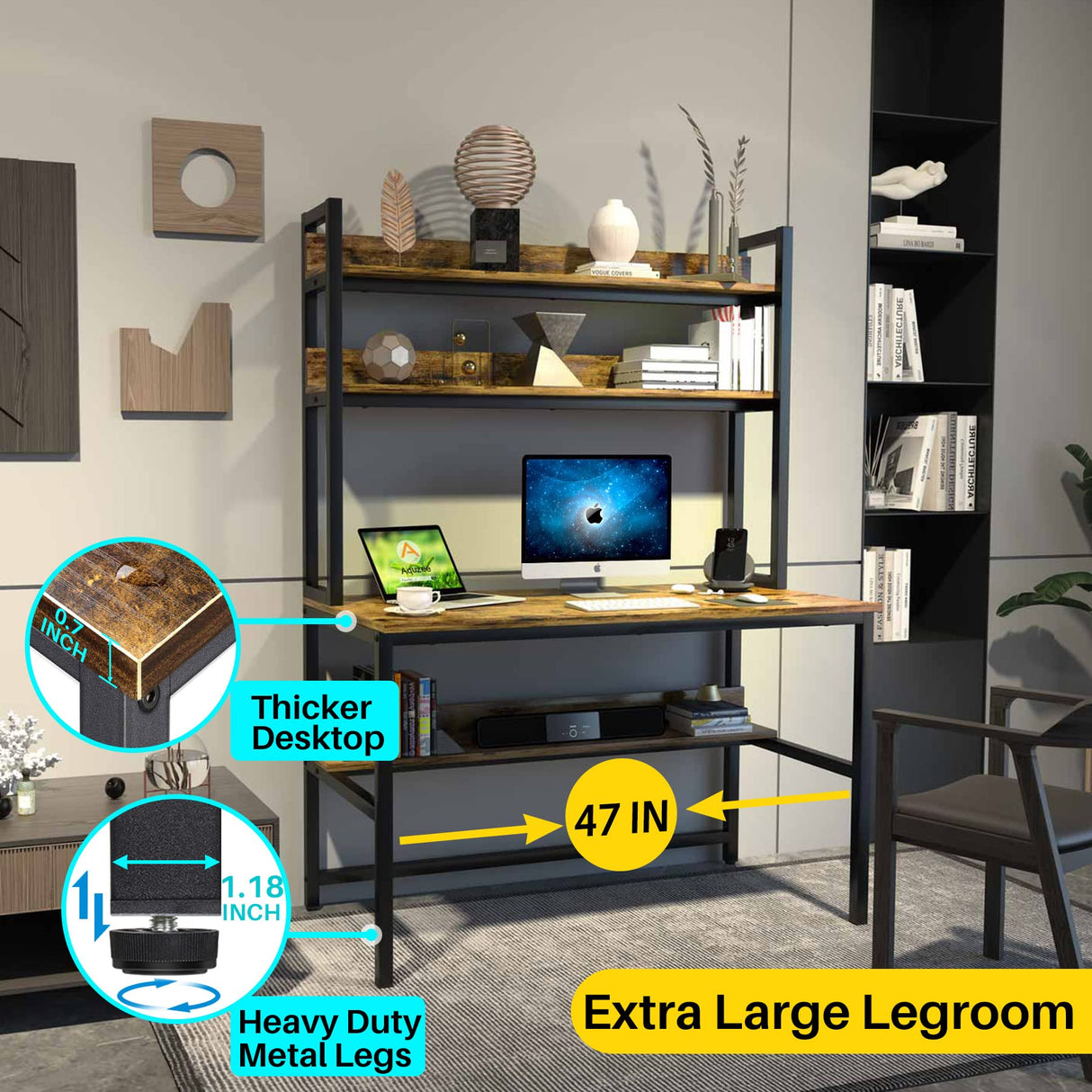 Aquzee Rustic Brown Computer Desk with Hutch & Bookshelf for Home Office – Space-Saving Industrial Design Aquzee