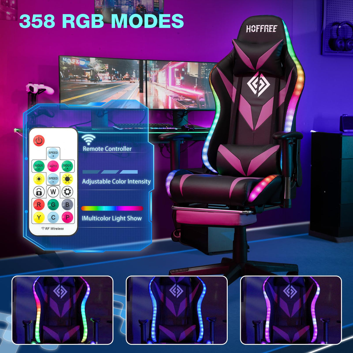 HOFFREE Gaming Chair with Bluetooth Speakers and Led Lights Massage Vide Game Chairs with Footrest Reclining Computer Gamer Chair Purple and Black HOFFREE