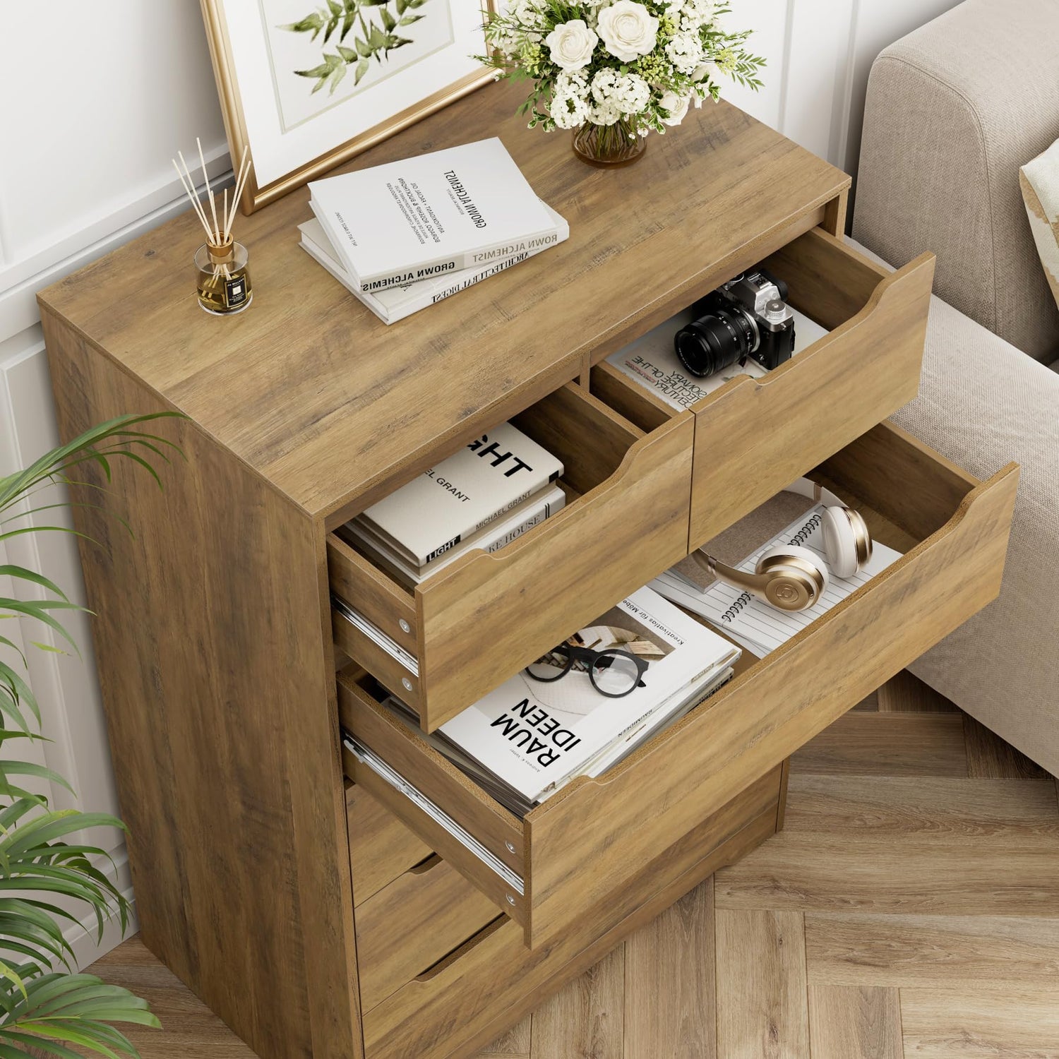 hostack modern 5 drawer dresser HOSTACK Modern 5 Drawer Dresser for Bedroom, Chest of Drawers with Storage, Wood Storage Chest Organizers with Cut-Out Handles, Accent Storage Cabinet for Living Room, Entryway, Hallway, Dark Brown: Buy Online at