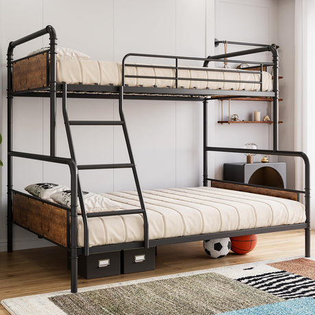 GarveeHome Metal Bunk Bed Twin Over Full Size with Angled Ladder, High Guardrail, Heavy Duty Bunk Bed Frame with Metal Slats, Smooth Rounded Edges, for Kids, Teens, Adults, Vintage Black GarveeHome