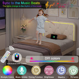 VECELO Upholstered Twin Bed Frame with Headboard Adjustable, Velvet Platform Bed with LED Lights, Charging Station, Mattress Foundation with Wooden Slats, Noise Free, No Box Spring Needed, Beige VECELO