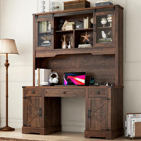 Hlivelood 76" Height Farmhouse Desk with Sliding Door Hutch, Wood Office Executive Workstation Computer Desk with Charging Station, Drawers and Storage Cabinet, for Work, Sturdy, Game, Brown Hlivelood