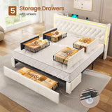 BTHFST King Upholstered LED Bed Frame with 5 Drawers, Velvet Hidden Storage Headboard with Charging Station, Button Tufted Headboard and Heavy Duty Metal Slats Support, No Box Spring Needed, Beige BTHFST