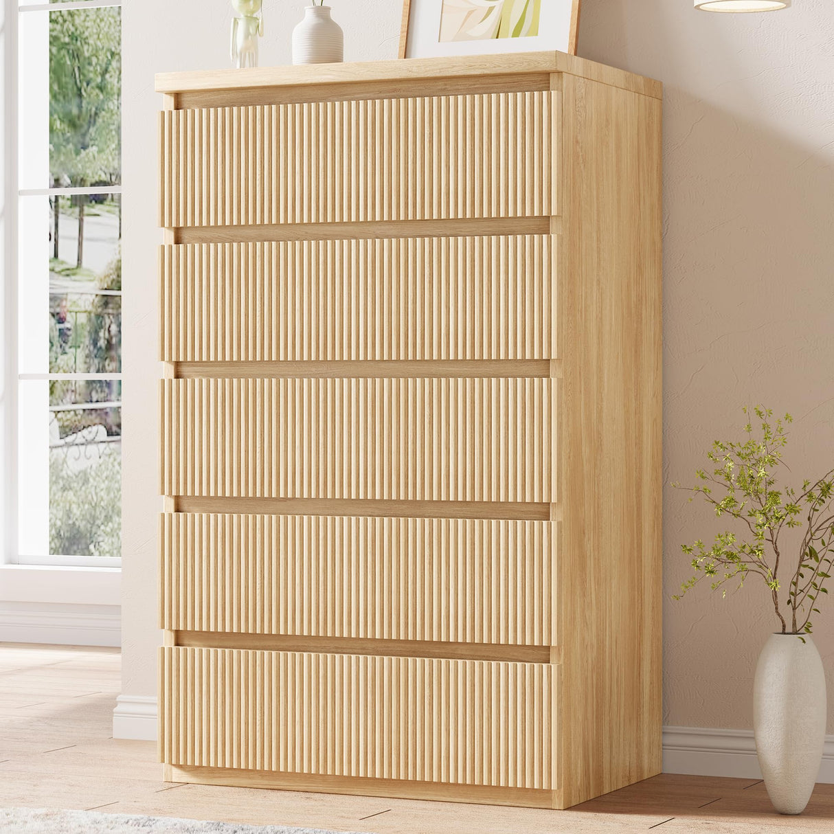 Jocoevol Fluted 5 Drawer Dresser, 43" Tall Dresser Chest of Drawers Curved Profile Design, Wood Mid Century Vertical Dresser Natural Texture for Bedroom, Oak Dresser Jocoevol