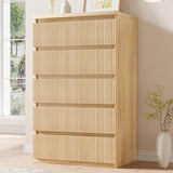 Jocoevol Fluted 5 Drawer Dresser, 43" Tall Dresser Chest of Drawers Curved Profile Design, Wood Mid Century Vertical Dresser Natural Texture for Bedroom, Oak Dresser Jocoevol