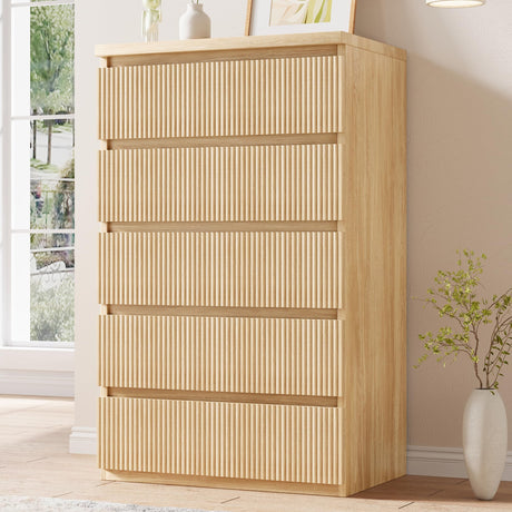 Jocoevol Fluted 5 Drawer Dresser, 43" Tall Dresser Chest of Drawers Curved Profile Design, Wood Mid Century Vertical Dresser Natural Texture for Bedroom, Oak Dresser Jocoevol
