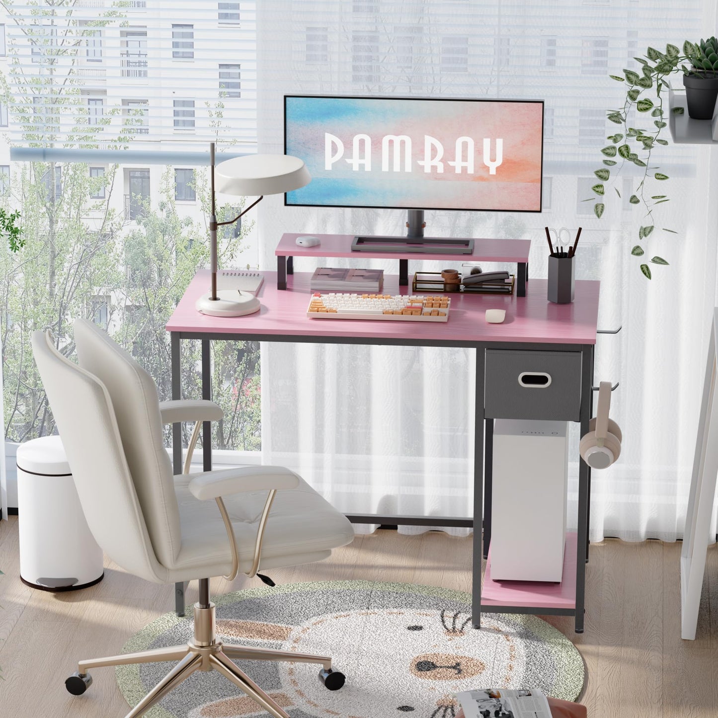 Pamray 39 Inch Computer Desk with Monitor Stand Small Home Office Desks with Non-Woven Storage Drawer for Bedroom Study Table Writing and Work Desk Pink