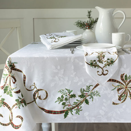 Benson Mills Merry Ribbons Engineered Printed Jacquard Fabric Christmas Table Cloth, for Christmas, Winter, and Holiday Tablecloth (60" x 120" Rectangular, Merry Ribbons) Benson Mills