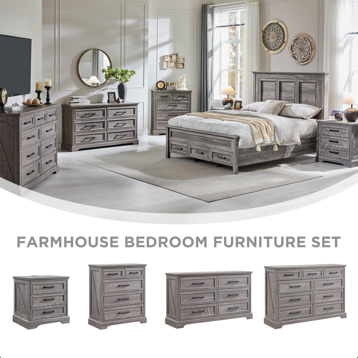ACCOHOHO Farmhouse 6 Drawer Dresser for Bedroom, 52 Inch Wide Modern Dresser TV Stand with Large Drawers & Bar Handles, Rustic Wood Dresser Chest of Drawers for Bedroom, Living Room, Hallway, Grey ACCOHOHO