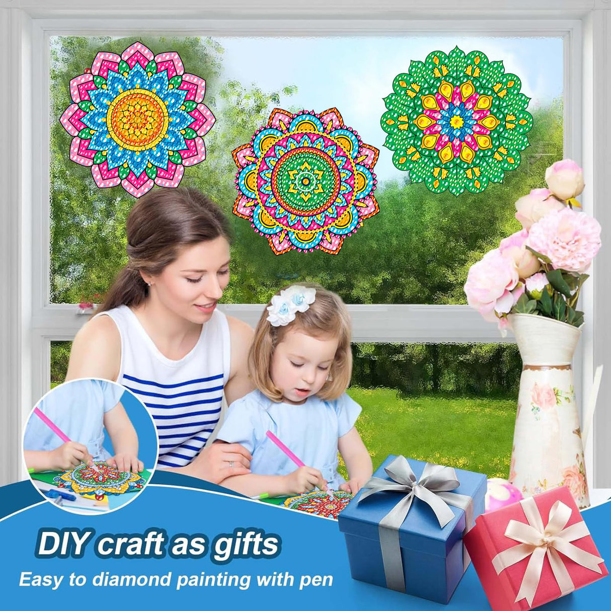 ACSAUMMY Diamond Art Kits, 6pcs Mandala Diamond Art Suncatchers Stained Glass Window Stickers, DIY Gem Craft Kit Window Static Clings, Diamond Art Kits for Adults, Kids, Decoration ACSAUMMY