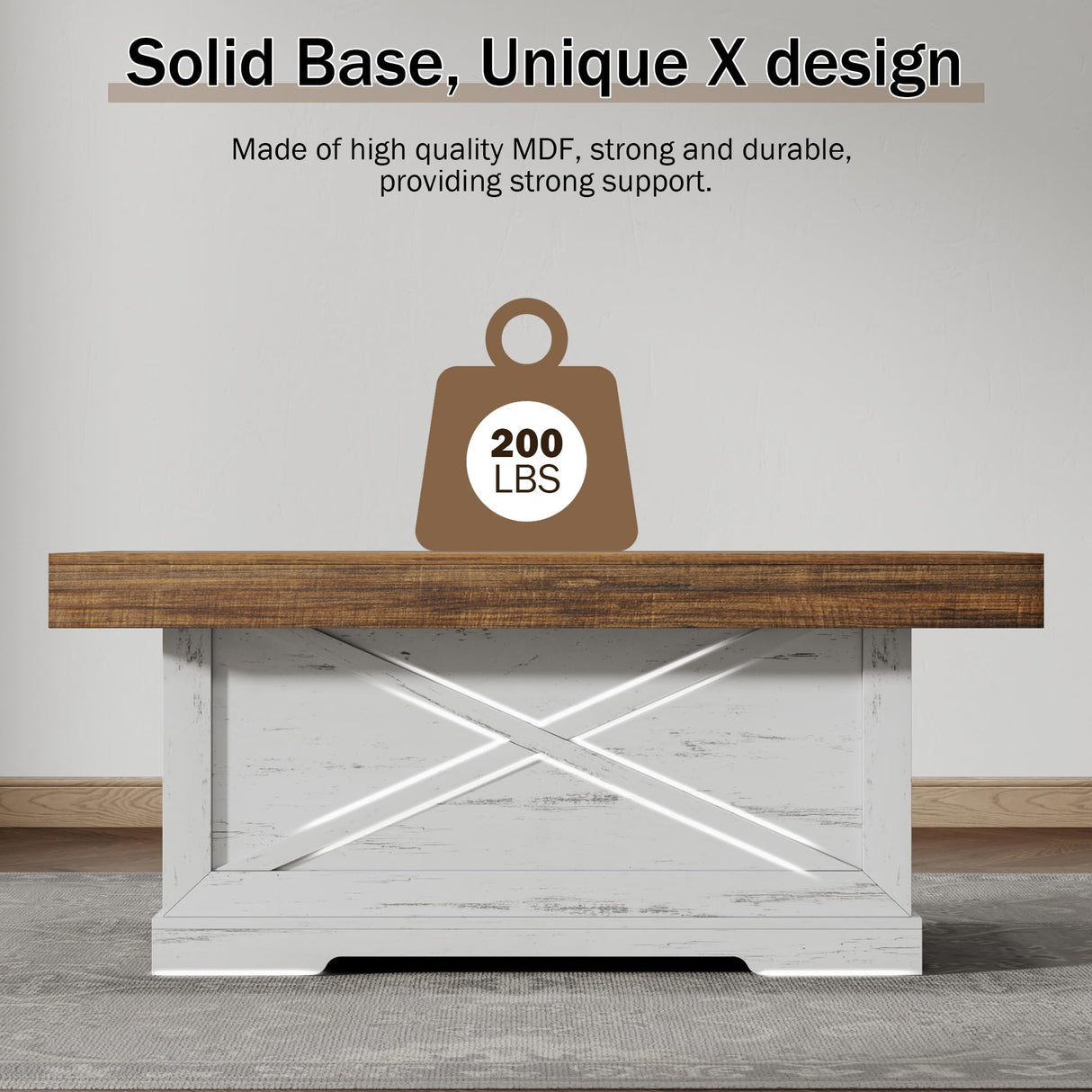 Lareth Coffee Table 39 in Farmhouse Center Table with X-Design Wooden Pedestal for Living Room, Space Saving, Easy Assembly Rectangle Home Office Tea Accent Table for Apartment, Antique White Walnut Lareth