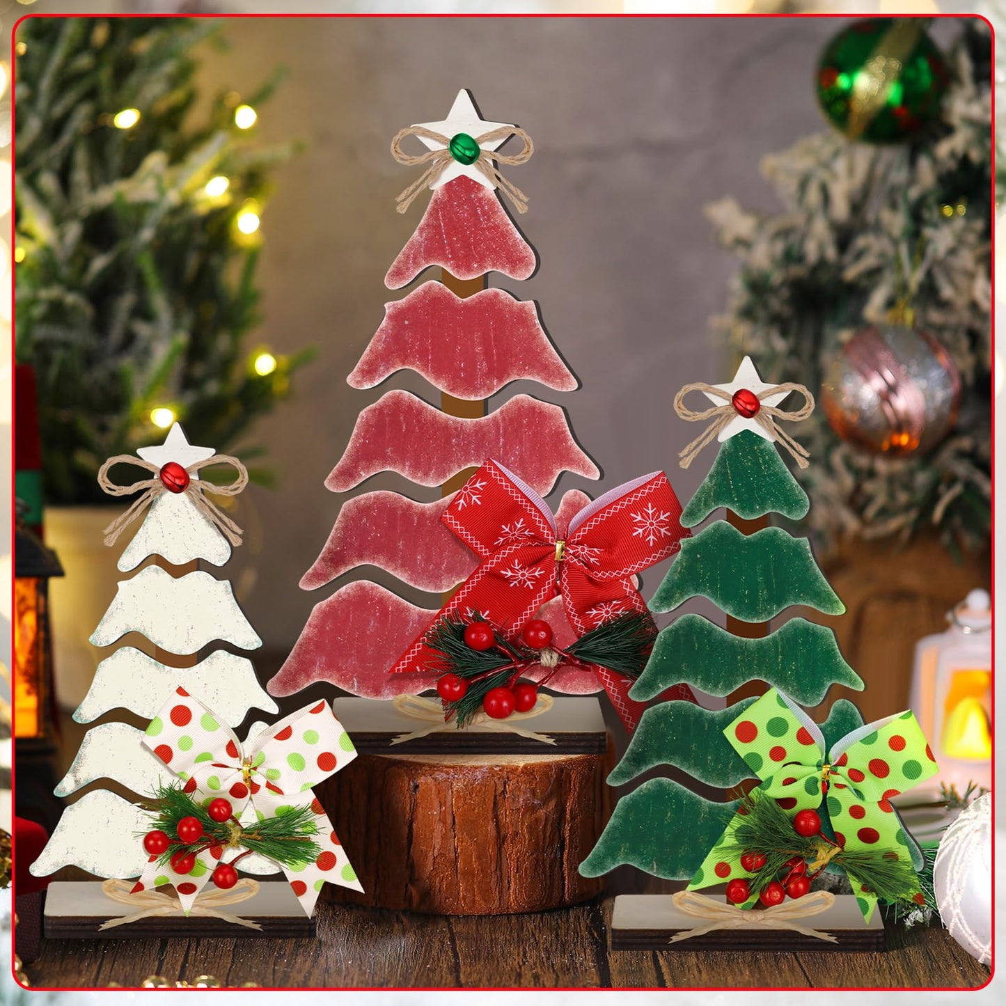 CroBlissful 3 Pcs Wooden Christmas Tree Tabletop Decorations Christmas Centerpieces for Table Rustic Xmas Tiered Tray Decor Christmas Table Sign Freestanding with Hemp Rope Bow Bell for Holiday Party