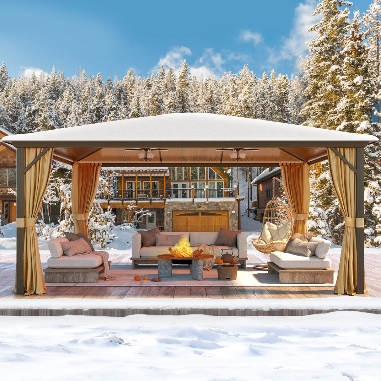 YOLENY 12'x16' Hardtop Gazebo, Outdoor Polycarbonate Roof Canopy, Aluminum Frame Permanent Pavilion with Curtains and Netting, Sunshade for Garden, Patio, Lawns, Khaki YOLENY