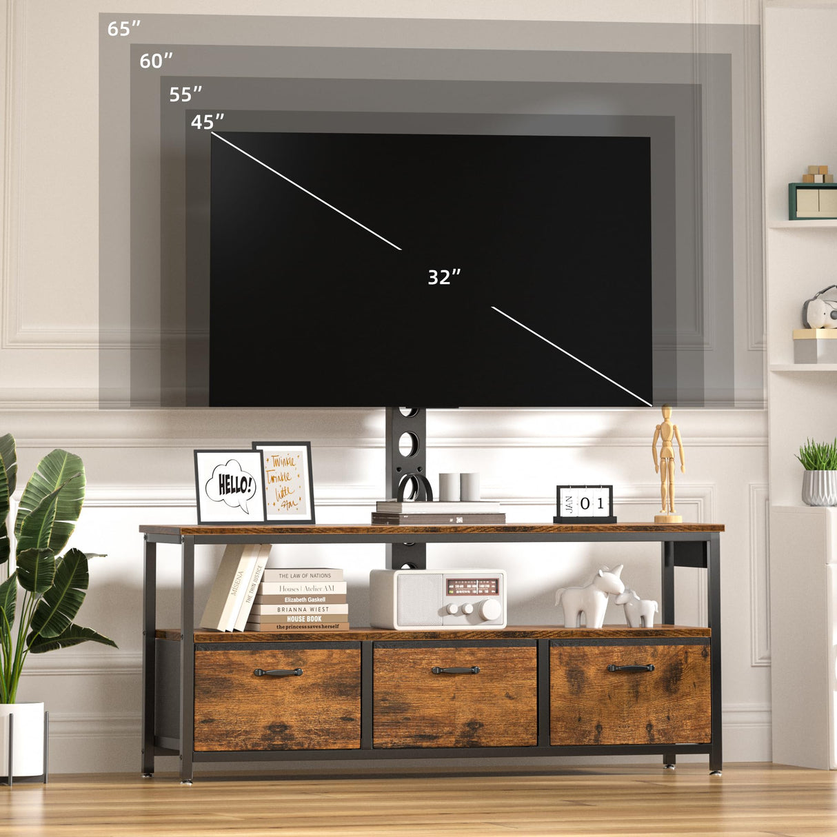 TV Stand with Mount and Power Outlet, Swivel TV Stands Mount with LED Lights for 32/45/55/60/65 inch TVs, Entertainment Center with Storage/Drawers, Media Console TV Stands for Living Room, Bedroom MJOMKN