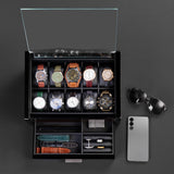 Woodronic Watch Organizer Case, 10 Slots Wood Watch Box Display Holder with Storage Drawer and Pillows, Glossy Finish, Glass Top and 2-Tiered Design, Gift for Men (Flat-top) Woodronic