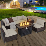 Tangkula 7-Piece Outdoor Patio Furniture Set with 42" Propane Fire Pit Table, Outdoor Wicker Conversation Set with Cushions and Tempered Glass Coffee Table, 50,000 BTU Gas Fire Pit Table (Off White) Tangkula